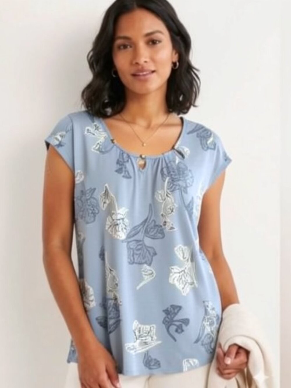 Grayson Women's 3-Keyhole Cutout Top with Metal Bead Accents Gray Floral Size 1X